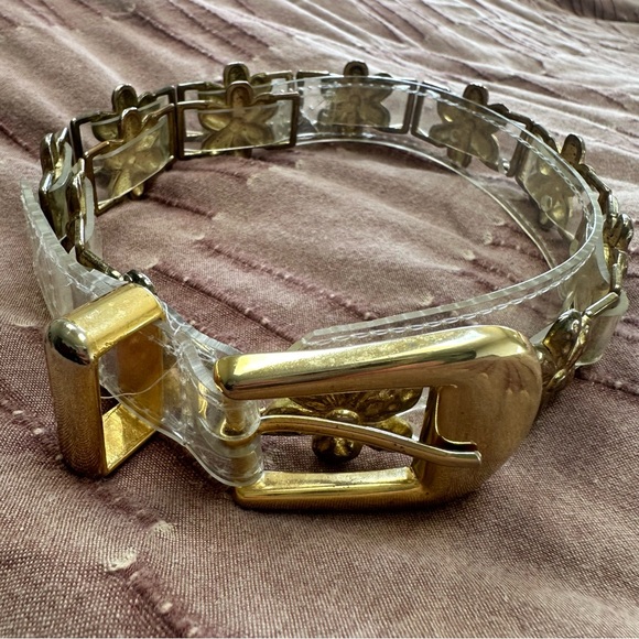 Vintage Clear Plastic and Brass tone Flower Embellished Belt - Picture 1 of 15